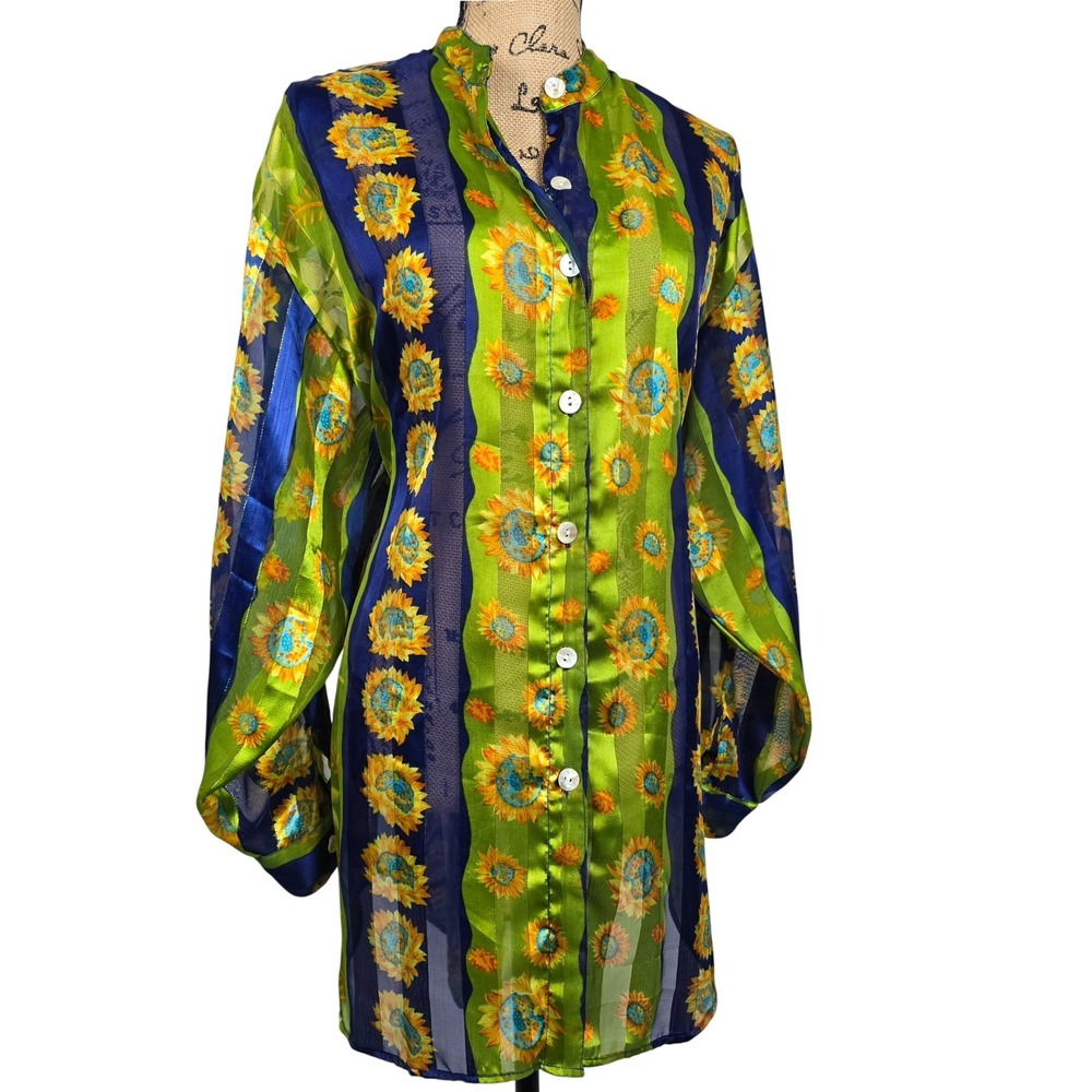 Peppermint Bay Sunflower Print Oversized Tunic Dress/Shirt Navy Lime Green M
